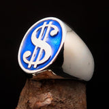 Excellent crafted Men's Currency Ring Blue US Dollar Symbol - Sterling Silver - BikeRing4u
