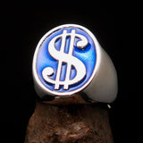 Excellent crafted Men's Currency Ring Blue US Dollar Symbol - Sterling Silver - BikeRing4u