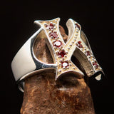 Excellent crafted Initial Ring Bold Letter K - 9 red CZ - Sterling Silver - BikeRing4u