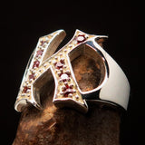 Excellent crafted Initial Ring Bold Letter K - 9 red CZ - Sterling Silver - BikeRing4u