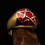 Excellent crafted Men's Pinky Ring domed Red Pentagram - Solid Brass - BikeRing4u