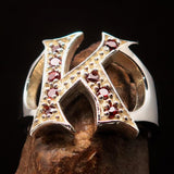 Excellent crafted Initial Ring Bold Letter K - 9 red CZ - Sterling Silver - BikeRing4u