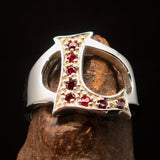 Excellent crafted Initial Ring Bold Letter L - 8 red CZ - Sterling Silver - BikeRing4u