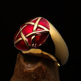 Excellent crafted Men's Pinky Ring domed Red Pentagram - Solid Brass - BikeRing4u