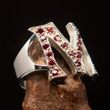 Excellent crafted Initial Ring Bold Letter M - 21 red CZ - Sterling Silver - BikeRing4u