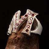 Excellent crafted Initial Ring Bold Letter M - 21 red CZ - Sterling Silver - BikeRing4u