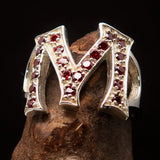 Excellent crafted Initial Ring Bold Letter M - 21 red CZ - Sterling Silver - BikeRing4u
