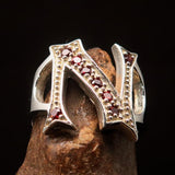 Excellent crafted Initial Ring Bold Letter N - 8 red CZ - Sterling Silver - BikeRing4u