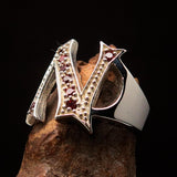 Excellent crafted Initial Ring Bold Letter N - 8 red CZ - Sterling Silver - BikeRing4u