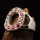 Excellent crafted Initial Ring Bold Letter O - 13 red CZ - Sterling Silver - BikeRing4u