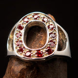 Excellent crafted Initial Ring Bold Letter O - 13 red CZ - Sterling Silver - BikeRing4u