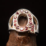 Excellent crafted Initial Ring Bold Letter Q - 15 red CZ - Sterling Silver - BikeRing4u