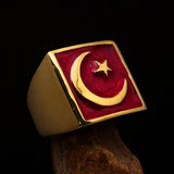 Perfectly crafted Men's Ring Crescent Moon and Star Red - Solid Brass - BikeRing4u