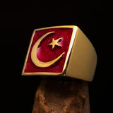 Perfectly crafted Men's Ring Crescent Moon and Star Red - Solid Brass - BikeRing4u