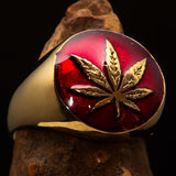 Brass Marihuana Leaf Men's Ring in Red - BikeRing4u