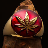 Brass Marihuana Leaf Men's Ring in Red - BikeRing4u