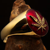 Brass Marihuana Leaf Men's Ring in Red - BikeRing4u