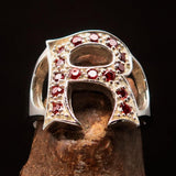 Excellent crafted Initial Ring Bold Letter R - 15 red CZ - Sterling Silver - BikeRing4u