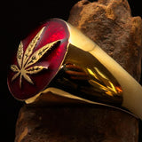 Brass Marihuana Leaf Men's Ring in Red - BikeRing4u