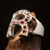 Excellent crafted Initial Ring Bold Letter R - 15 red CZ - Sterling Silver - BikeRing4u