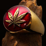 Brass Marihuana Leaf Men's Ring in Red - BikeRing4u