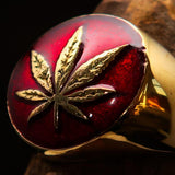 Brass Marihuana Leaf Men's Ring in Red - BikeRing4u