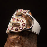 Excellent crafted Initial Ring Bold Letter S - 13 red CZ - Sterling Silver - BikeRing4u