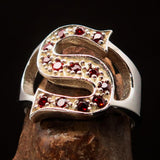 Excellent crafted Initial Ring Bold Letter S - 13 red CZ - Sterling Silver - BikeRing4u
