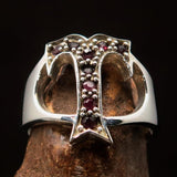 Excellent crafted Initial Ring Bold Letter T - 9 red CZ - Sterling Silver - BikeRing4u