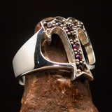 Excellent crafted Initial Ring Bold Letter T - 9 red CZ - Sterling Silver - BikeRing4u