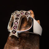 Excellent crafted Initial Ring Bold Letter T - 9 red CZ - Sterling Silver - BikeRing4u