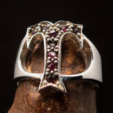 Excellent crafted Initial Ring Bold Letter T - 9 red CZ - Sterling Silver - BikeRing4u