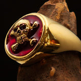 Nicely crafted Men's Pirate Ring Jolly Roger crossed Bones Skull Red - BikeRing4u