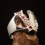 Excellent crafted Initial Ring Bold Letter V - 6 red CZ - Sterling Silver - BikeRing4u