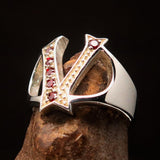 Excellent crafted Initial Ring Bold Letter V - 6 red CZ - Sterling Silver - BikeRing4u