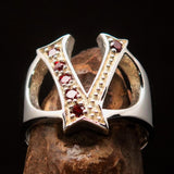 Excellent crafted Initial Ring Bold Letter V - 6 red CZ - Sterling Silver - BikeRing4u