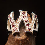 Excellent crafted Initial Ring Bold Letter W - 11 red CZ - Sterling Silver - BikeRing4u
