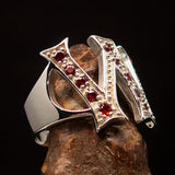 Excellent crafted Initial Ring Bold Letter W - 11 red CZ - Sterling Silver - BikeRing4u