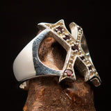 Excellent crafted Initial Ring Bold Letter X - 7 red CZ - Sterling Silver - BikeRing4u