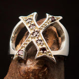 Excellent crafted Initial Ring Bold Letter X - 7 red CZ - Sterling Silver - BikeRing4u