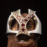 Excellent crafted Initial Ring Bold Letter Y - 8 red CZ - Sterling Silver - BikeRing4u