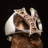 Excellent crafted Initial Ring Bold Letter Y - 8 red CZ - Sterling Silver - BikeRing4u