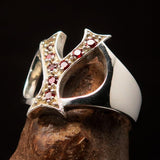 Excellent crafted Initial Ring Bold Letter Y - 8 red CZ - Sterling Silver - BikeRing4u