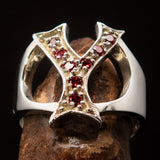 Excellent crafted Initial Ring Bold Letter Y - 8 red CZ - Sterling Silver - BikeRing4u