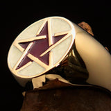 Excellent crafted Men's Pinky Ring White and Burgundy Pentagram - Solid Brass - BikeRing4u