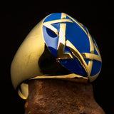 Excellent crafted Men's Hebrew Ring Blue Star of David - Solid Brass - BikeRing4u