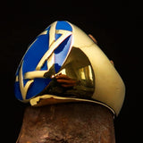 Excellent crafted Men's Hebrew Ring Blue Star of David - Solid Brass - BikeRing4u