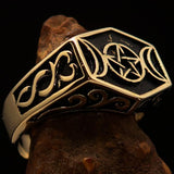 Men's Solid Brass Ring antiqued Crescent Moon Pentagram Star - BikeRing4u