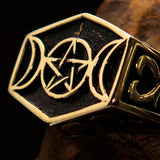Men's Solid Brass Ring antiqued Crescent Moon Pentagram Star - BikeRing4u