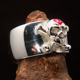 Excellent crafted Outlaw red 1% Jolly Roger Skull Band Ring - Sterling Silver - BikeRing4u
